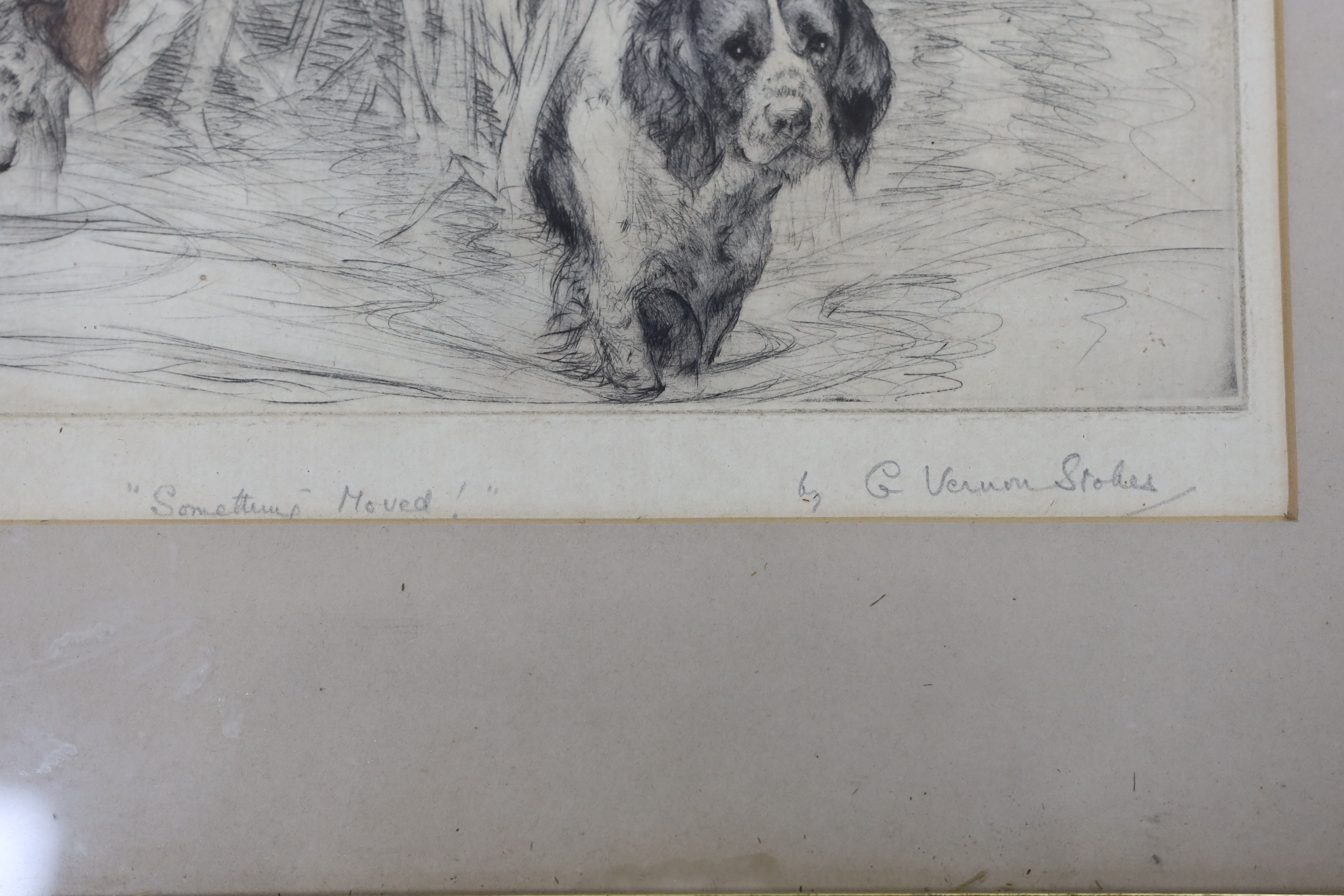 George Vernon Stokes (1873-1954) coloured etching, 'Something moved!', signed in pencil, 25 x 30cm